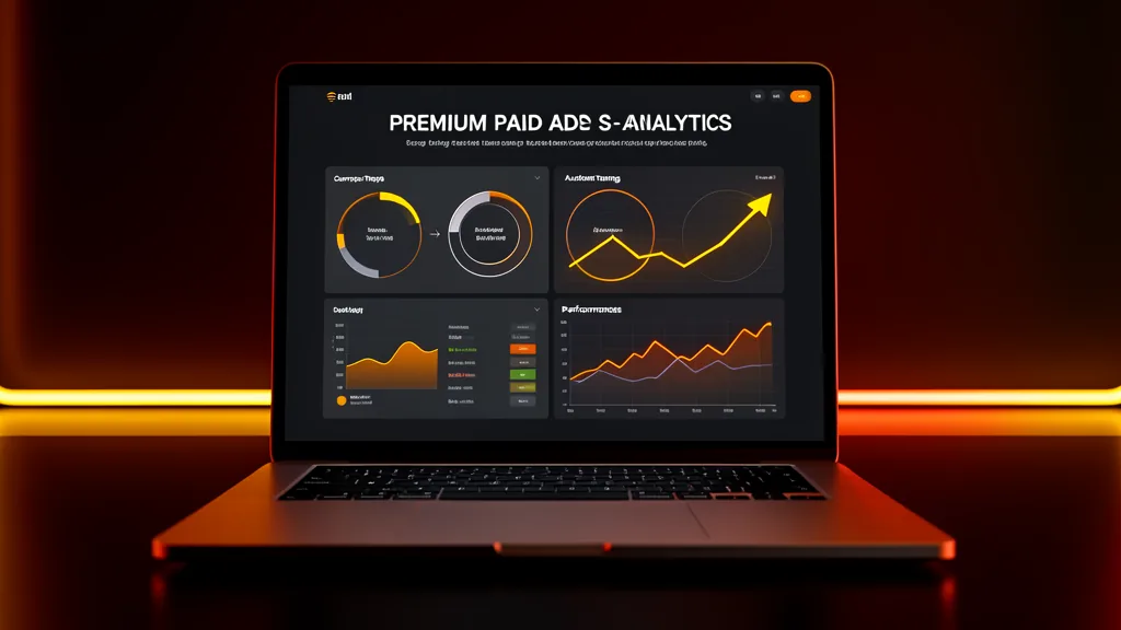 Ilustración de dashboard de anuncios con métricas, gráfico y audiencia